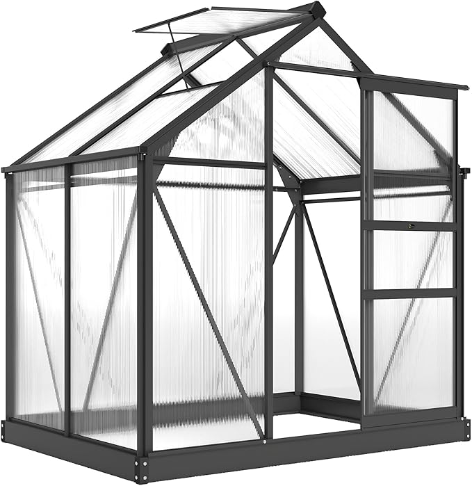 Outsunny 6' x 4' Greenhouse for Outdoors, Polycarbonate Greenhouse with Rain Gutter and Roof Vent, Aluminum Walk-in Green Houses for Outside for Patio Backyard Garden, Gray