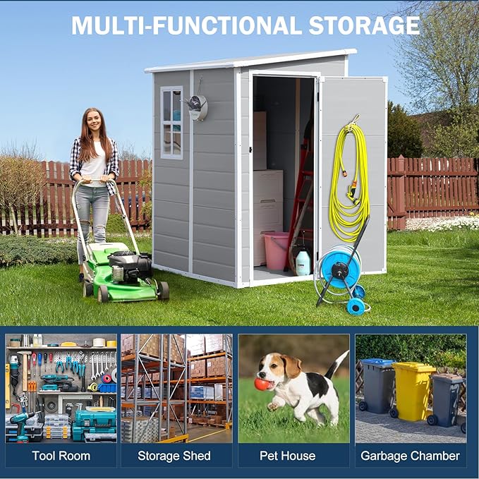 CDCASA 5x4 FT Resin Storage Shed, Waterproof Outdoor Sheds with Floor & Window & Lockable Door Included, Outside Plastic Tool Sheds for Garden, Patio, Backyard, Lawn, Light Gray
