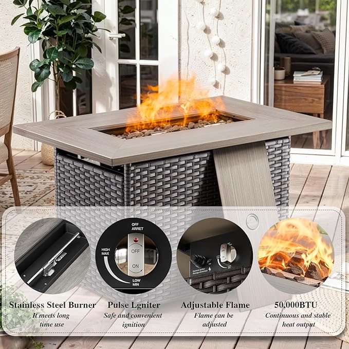 HUMMUH 7 Pieces Patio Furniture Set with Fire Pit Table Outdoor Conversation Set PE Wicker Patio Couch Swivel Glider Chairs Ottomans for Balcony Garden,Lawn,Deck