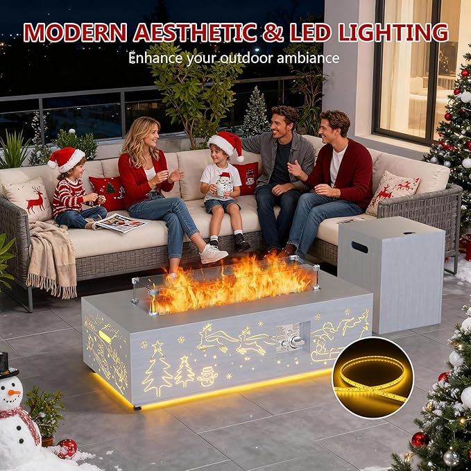 Dineli Propane Fire Pit Table 42 Inch Gas Fire Pits & Outdoor Fireplaces w LED, Tabletop Fire Pit Firepits for Outside Patio, 50,000 BTU (Light Gray, Christmas Pattern with Warmlight)