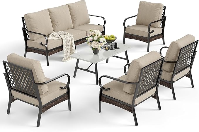 SUNSHINE VALLEY 6 Piece Metal Outdoor Patio Furniture Sets, Patio Conversation Sets 1 3-Seater Sofa, 4 Single Sofa with 5.75" Extra Thick Cushion & Coffee Table, Black Frame Backyard Furniture, Beige