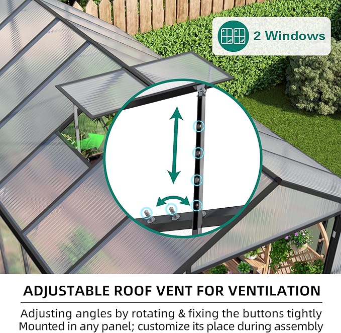 KEIKI 8x14 FT Polycarbonate Greenhouse for Outdoors, Heavy-Duty Walk-in Aluminum Greenhouse with Anchor Base, Light-Transmitting Panels & Drainage System, Black