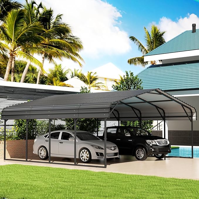 EBE 20' x 20' Metal Carport, Outdoor Heavy Duty Carports with Updated Galvanized Roof and Enhanced Base, Canopy Carport Garage Shade for Car, Truck, Boat