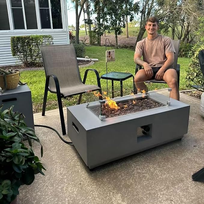 42" Rectangular Propane Fire Pit – 50,000 BTU Fire Table with Rain Cover, Rocks – Backyard Fire Pits Outdoor – Propane Gas Fireplace for Deck or Patio