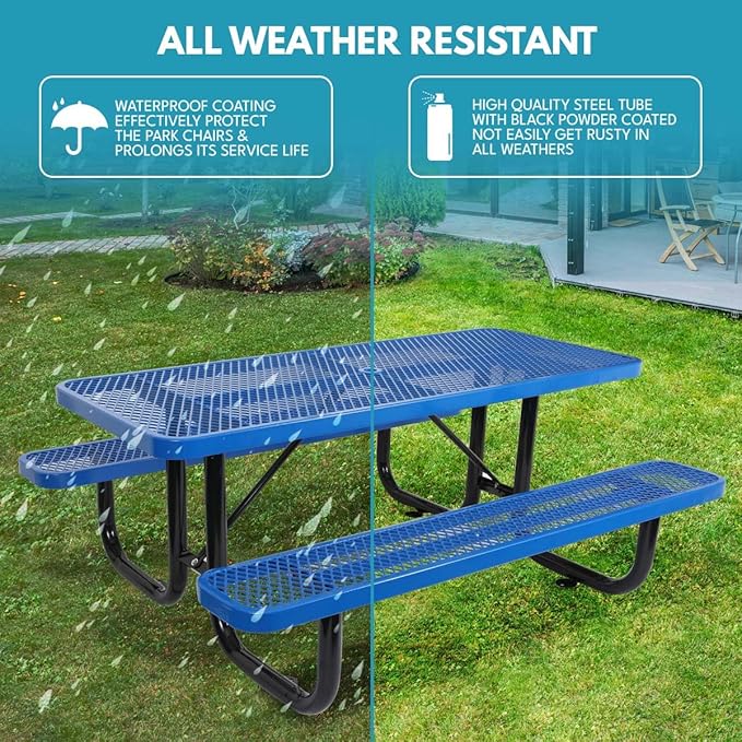 Phyfalip 6 ft. Rectangular Outdoor Steel Picnic Table with Umbrella Pole, Heavy-Duty Weather-Resistant Dining Table for Patio, Backyard, and Garden, Rust-Resistant Finish, Blue