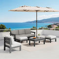 SERWALL 7-Piece Patio Sofa Set with 15FT Double Side Patio Umbrella, Outdoor Furniture Set, All-Weather HDPE Sectional Conversation Set, Large Modular Sofas for Garden, Grey Frame with Khaki Cushion