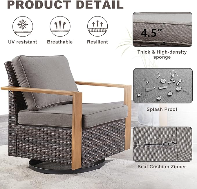 Rilyson Outdoor Wicker Patio Furniture Set - 7 Piece Patio Conversation Set with 4 Wicker Swivel Rocker Chairs,2 Rattan Ottoman and 1 Couch,Thick Cushions,Deep Seating,Wide Armrest(Brown/Grey)