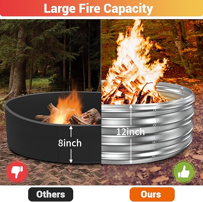 48 Inch Large Outdoor Fire Pit Ring,Heavy Duty High Heat Resistant Wood Burning Firepit for Outside,12" Tall,Galvanized Steel Outdoor Fireplace & Fire Pits Bowl for Backyard Bonfire, Patio,Camping