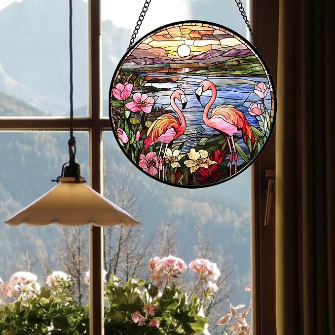 Stained Glass Window Hanging - Flamingo Wildflowers Landscape Suncatcher for Door Terrace Garden Home Decor Sunset Lake Sun Catcher Birthday Gifts for Lovers Women Men Dad Mom Nana 11.8 in