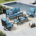 MFSTUDIO 5 Pieces Patio Conversation Sets,Outdoor Metal Furniture Sofas with 1 x 3-Seat Sofa, 2 x Swivel Chairs,2 x Ottoman,Wrought Iron Frame with Navy Cushion for Patio Courtyard Balcony