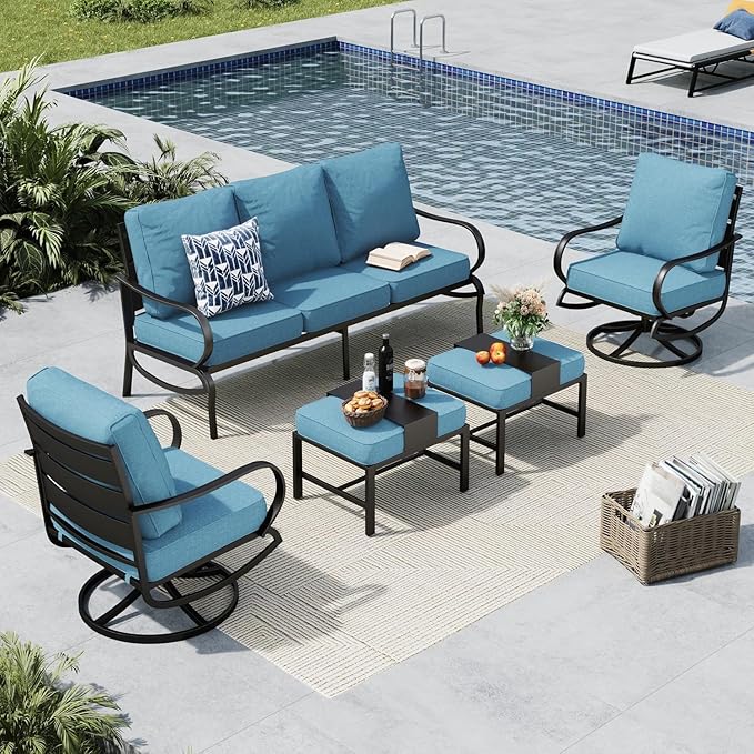 MFSTUDIO 5 Pieces Patio Conversation Sets,Outdoor Metal Furniture Sofas with 1 x 3-Seat Sofa, 2 x Swivel Chairs,2 x Ottoman,Wrought Iron Frame with Navy Cushion for Patio Courtyard Balcony