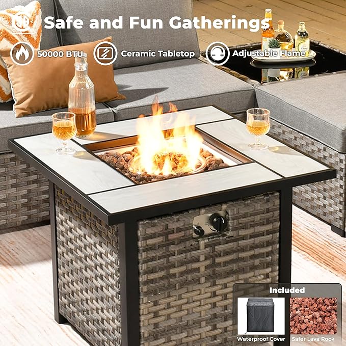 ovios 10 Pieces Patio Furniture Set, Outdoor Wicker Sectional Sofa with 30" Fire Pit Table Swivel Chairs, Modern Modular Deep Seat Rattan Couch Conversation Sets, Dark Grey