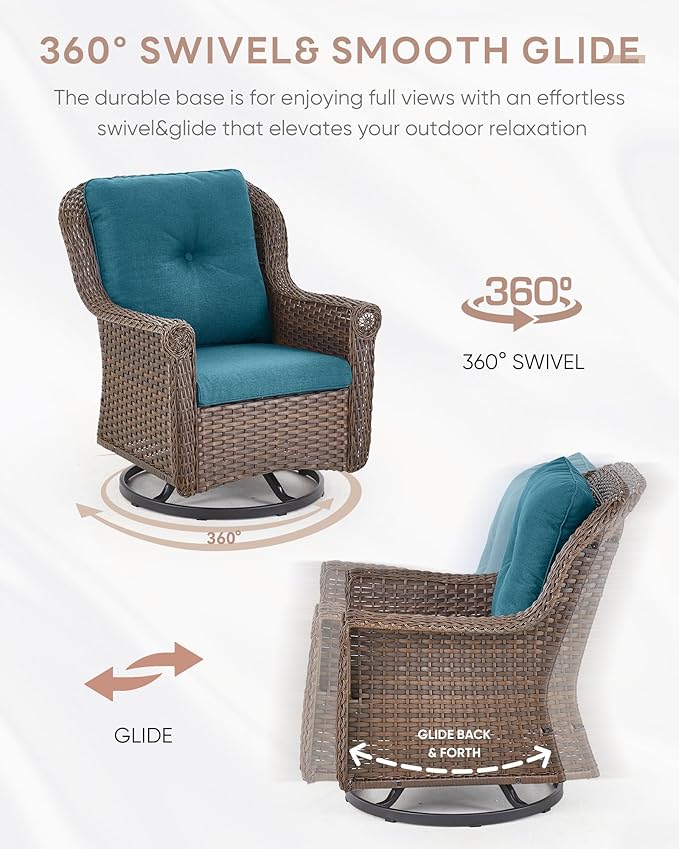 Outdoor Patio Swivel Gliders with Fire Pit Table 5 Piece Set - High Back Brown Wicker Rattan Rocking Chair with Thick Cushion for Porch Apartment Deck Yard Poolside Garden - Peacock Blue