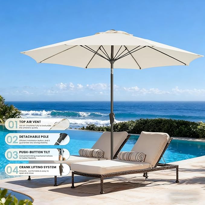 9FT Large Outdoor Patio Umbrella Market Table Umbrella-UV Resistant, Easy Push Button Tilt and Crank, 8 Sturdy Ribs Heavy-Duty Pool Umbrella for Deck, Backyard,Garden,White