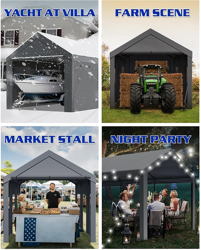 Heavy Duty 10x20 Carport, Waterproof UV Resistant Portable Garage Shelter with Rustproof Steel Frame, All Weather Protection for Vehicles Boats Equipment (Gray, 10x20ft)