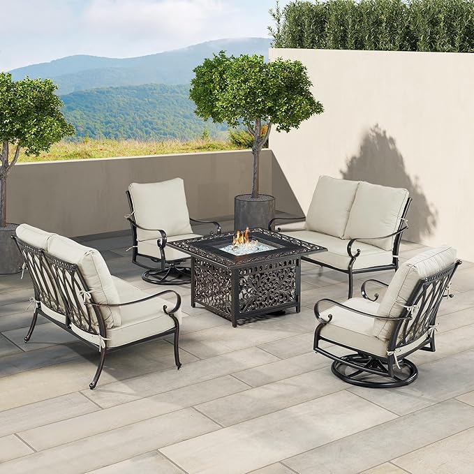 Oakland Living Black Aluminum Patio Fire Table Set with Two Deep Seating Loveseat, Two Club Chairs, Cushions and Wind Blocker