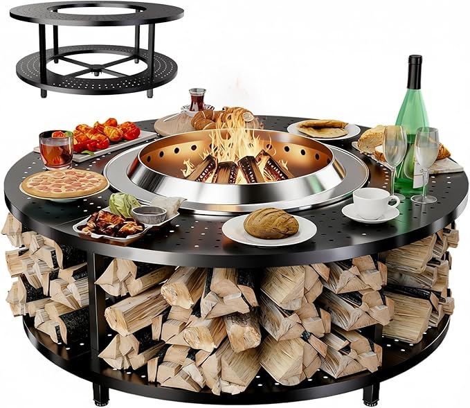 Fire Pit Surround Tabletop for Solo Stove Yukon 1.0 & 2.0, 48" Fire Pit Surround Tabletop with Wood Storage Shelf, Powder-Coated Steel Surround Tabletop with Extra Space with Raised Stand