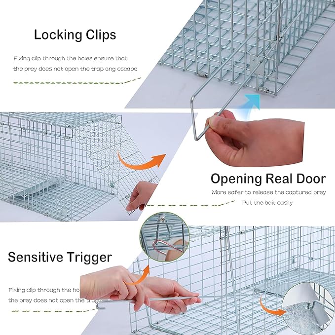Live Animal Trap Cage with Cover & Gloves, Cat Trap for Stray Cats 32 Inch Heavy Duty Folding Skunk Traps with Real Door for Raccoons, Opossums, Skunks, Feral Cats, Squirrels-(32 x 10 x 12 inches)
