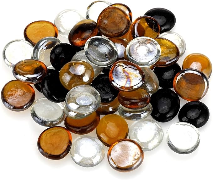 Mr. Fireglass 10 Pound Blended Fire Glass Beads, 1/2" High Luster Mixed Colored Fire Glass Drops for Fireplace Fire Pit & Lanscaping, Onyx Black, Crystal Ice, Caramel
