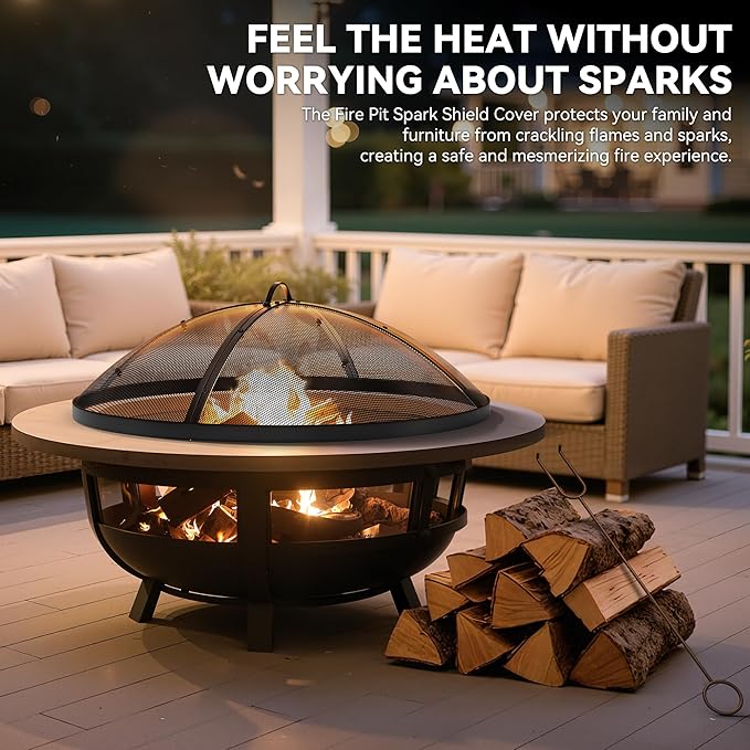 YITAHOME 30" Fire Pit Screen with Top Ring & Poker, Iron Mesh Spark Guard with High-Temperature Coating, Portable & Modular for Backyard Fire Pits, Camping, Beach Parties, and Barbecues