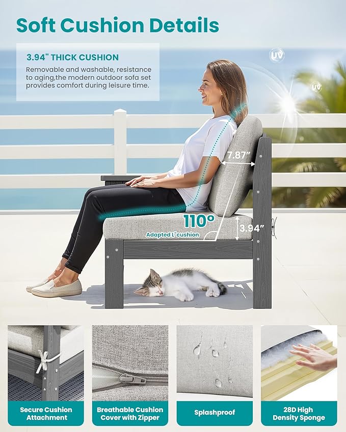 SERWALL 9 Pieces Patio Sofas, All-Weather HDPE Outdoor Sectional Sofa with Cushions and Coffee Table, Extra-Large Modular Conversation Set for Patio, Garden, Deck, Grey Frame with Khaki Cushion