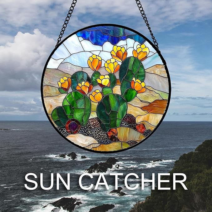 QZQCBLC Stained Glass Window Hanging Green Cactus with Yellow Flowers Large 11.8" - Suncatcher Door Garden Sun Catcher Home Decor Birthday Christmas for Woman Nana Friend Men Kids