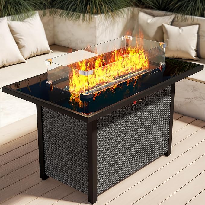 Propane Fire Pit Table, Outdoor Fire Pit Table, 43" Rattan Rectangle Outdoor Gas FirePit with Glass Wind Guard, Tempered Glass Tabletop, Lid, CSA Listed, 60,000 BTU, Outside Patio Deck & Garden, Black