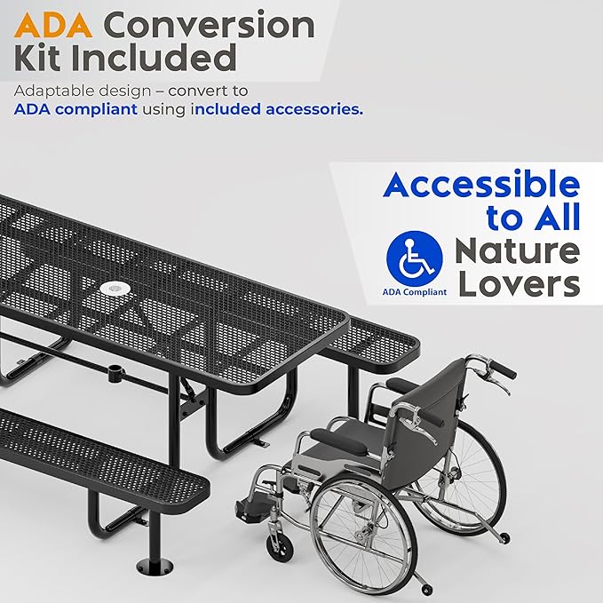 Commercial Heavy-Duty Metal Picnic Table - ADA Compliant, Adjustable Seats, Umbrella Hole, Expanded Metal (Black, 8' Rectangular)