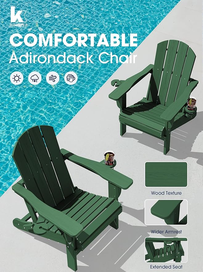 KINGYES Folding Adirondack Chair Set of 6, Dual Cup Holders & All-Weather HDPE, Wood-Like Patio Chair for Backyard, Camping, Pool & Fire Pit, Dark Green