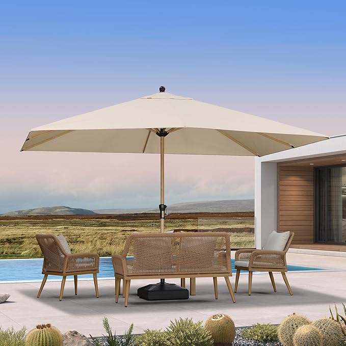 PURPLE LEAF 9' x 11.5' Patio Umbrella with Base Outdoor Umbrella Market Umbrella with Crank & 8 Ribs Aluminum Rectangular Table Umbrella Outdoor Patio for Backyard, Beige