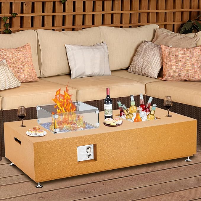 GarveeLife 56" Propane Fire Pit Table with Ice Bucket，50000BTU Fire Table with 13" Square Drink Ice Bucket Wind Guard, Fire Glass Beads & CSA Safety Certified Outdoor Firepit for Patio Garden(Orange)