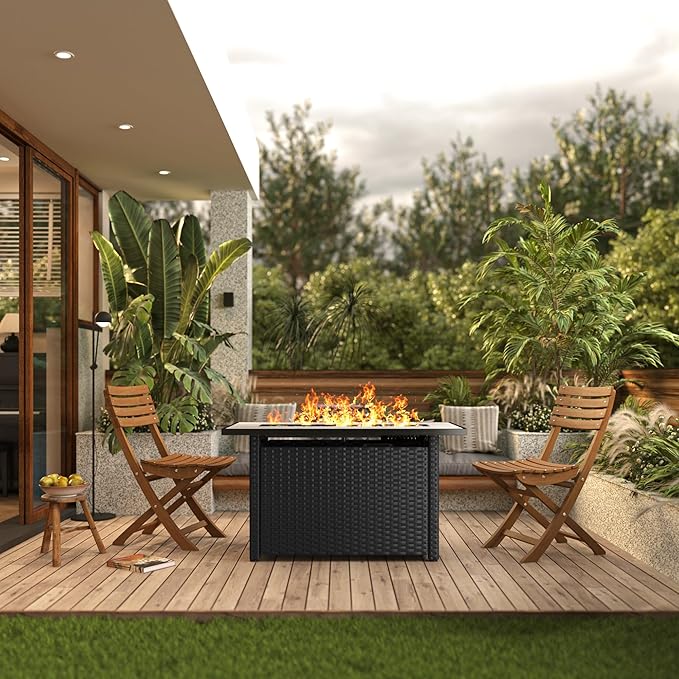 Gizoon 45" Gas Fire Pit Table, Propane Fire Pit with Glass Rocks, Waterproof Cover and Pe Rattan, Outdoor Patio Fire Pits for Backyard, Garden, Party