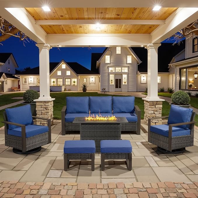 Belord 6 Piece Outdoor Patio Furniture Set with Propane Fire Pit Table, Wicker Patio Conversation Set with 2 Swivel Rocker Chairs Rattan Sofa and Removable 4" Thick Cushions for Deck Backyard