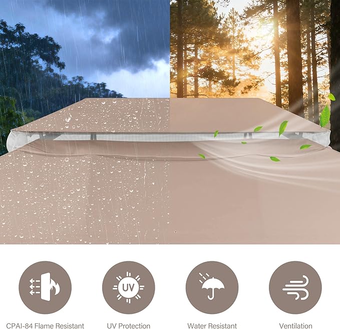 LAUSAINT HOME Outdoor Patio Gazebo 10'x13' with Expansion Bolts, Heavy Duty Party Tent & Shelter with Double Roofs, Mosquito Nettings and Privacy Screens for Backyard (Khaki)