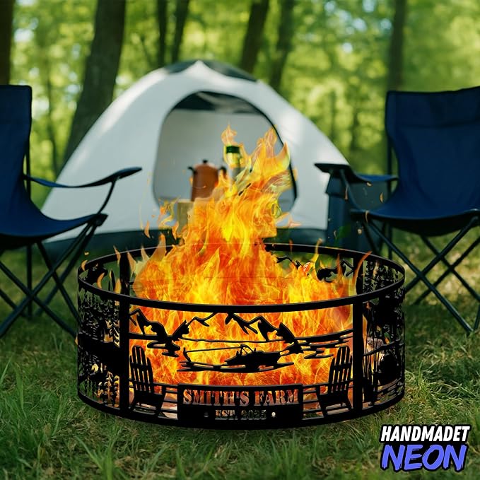 Personalized Camping At The Lake House Fire Pit Ring 360 Degree, Custom Name Metal Outdoor Campfire Pits, Wood Burning, Fireplace, Firepit, Bonfire, BBQ Garden Decor, Gift For Family
