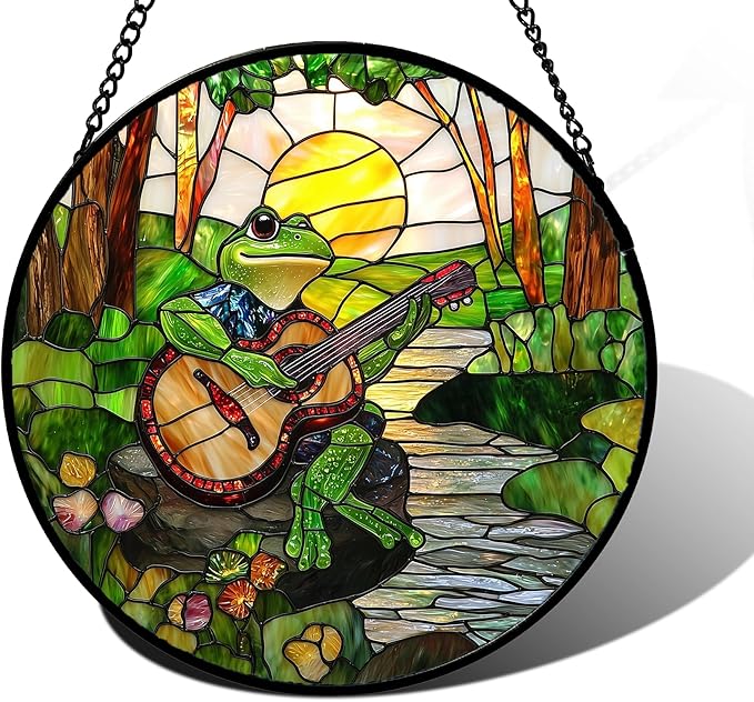 DASTOLL Stained Glass Window Hanging, Frog Playing Guitar Suncatcher Diamond Glass Panel Funny Sun Catchers Decor for Birthday for Women, Men, Wife, Aunt, and Mom 9.8 in