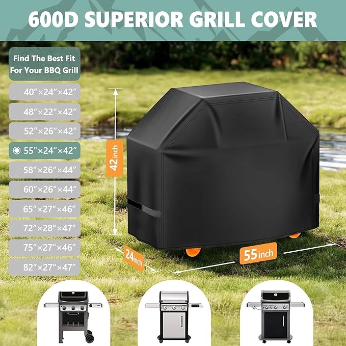 HomWanna Grill Cover 55 Inch - Superior Gas Grill Cover for Outdoor Grill - 600D Outside BBQ Covers Waterproof Heavy Duty for Weber, Dyna-glo, Char-Broil, Nexgrill, Brinkmann, Monument Barbecue Grill