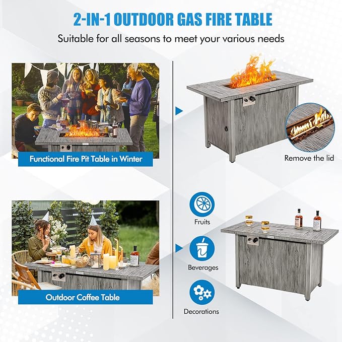 Tangkula 43 Inch Propane Fire Pit Table, Patiojoy 50,000 BTU Outdoor Gas Fire Table w/Wood Grain Tabletop, Hideaway Tank Storage, Lava Rocks, Rectangular Propane Firepit w/Waterproof Cover
