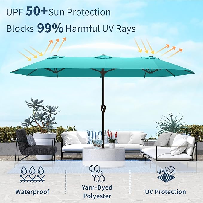15FT Double Sided Patio Umbrella with Base Included Large Outdoor Market Umbrella with Crank Handle, UV Resistant Canopy, Sturdy Frame for Garden, Poolside, Deck, Aqua Blue