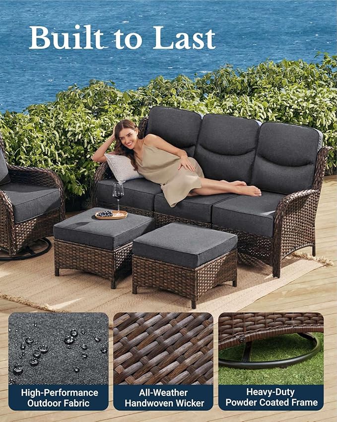HILLGA Luxury Patio Furniture Set with 6-inch Thick Cushion, Outdoor Couch and High Back Swivel Rocker Patio Chairs, 10PCS Wicker Conversation Set for Deck Yard and Poolside, Dark Grey (V2)