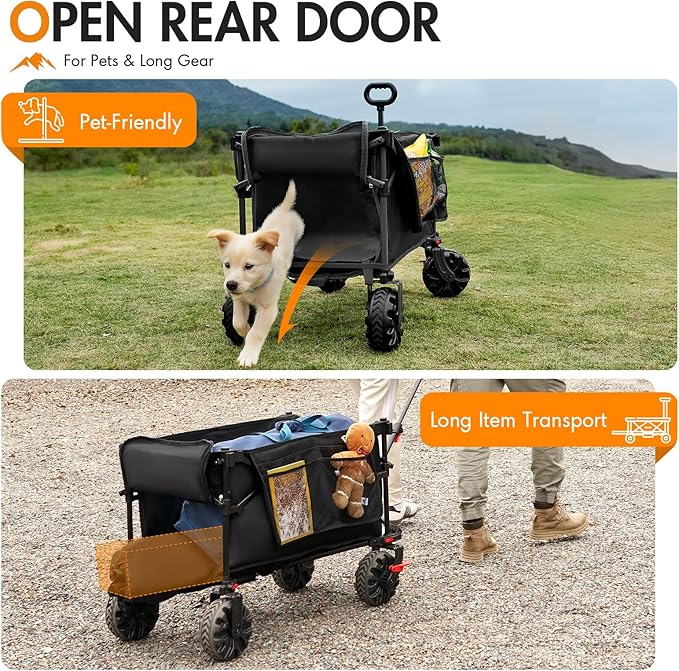 Portal 350L Collapsible Wagon Cart with Removable Canopy, 270LB Folding Utility Cart with Rear Door for Pet, Camping, Beach, and Outdoor Adventures