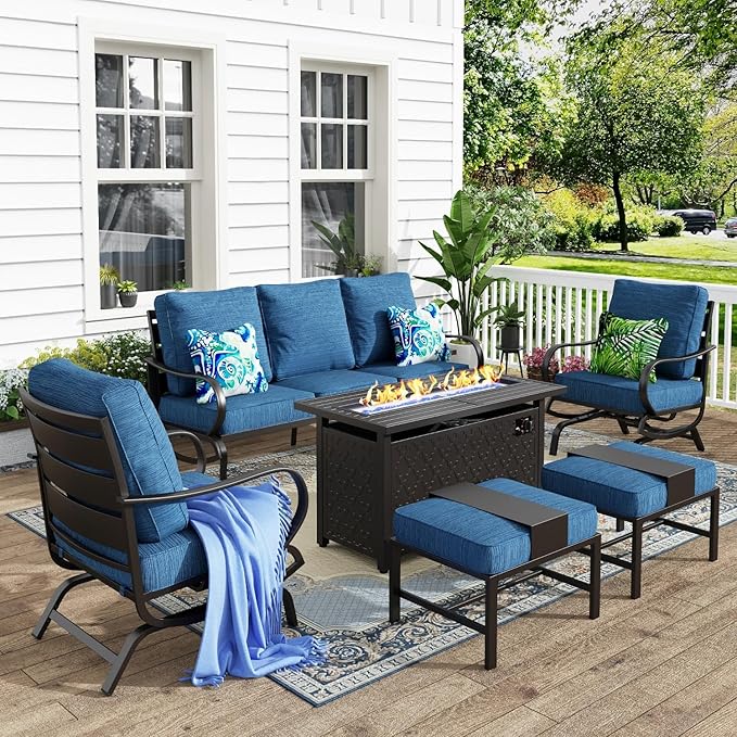 MFSTUDIO 6 Pieces Patio Furniture Sets with 45" Gas Fire Pit Table(Up to 7 Seat), Metal Frame Outdoor Conversation Sofas with 1 x 3-Seat Sofa, 2 Rocking Chairs and 2 Ottoman, Peacock Blue Cushion