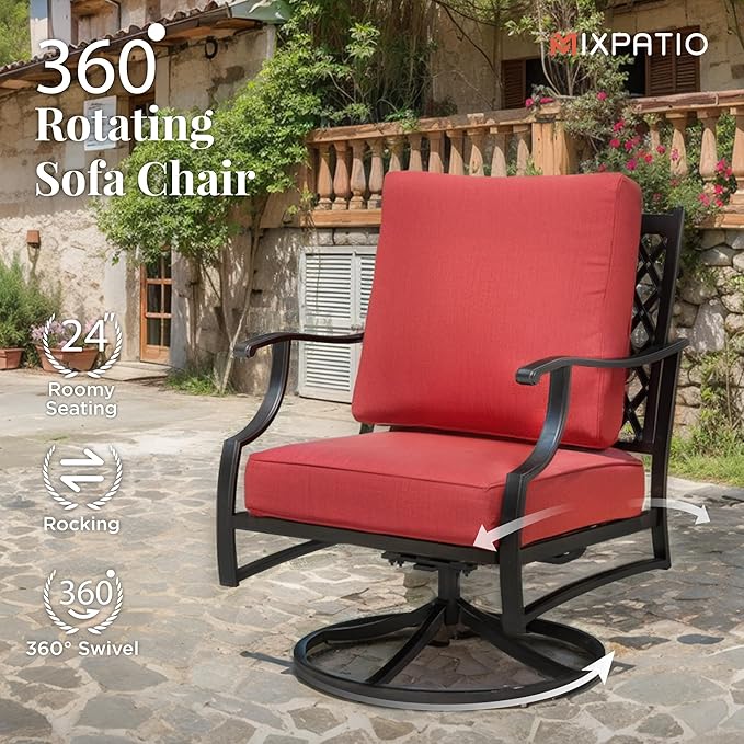 Patio Furniture Set 5 pcs, Outdoor Patio Furniture, 3-Seat Sofa, 2 Rocking Chairs, 2 Ottomans and 5.75" Extra Thick Cushion, Patio Conversation Set for Garden Backyard Deck,Red