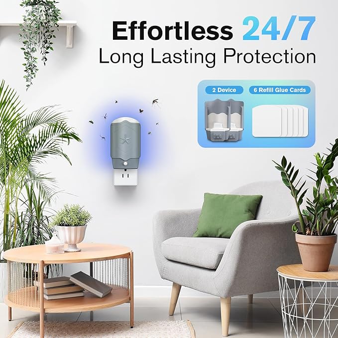 2 Flying Insect Traps with 6 Glue Refills, Indoor Fly Trap for Fruit Flies, Gnats & Mosquitoes, UV Light Bug Catcher, Safe & Odor-Free Fly Catcher for Home