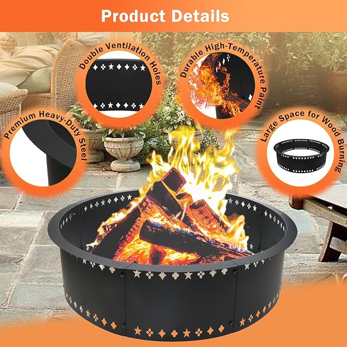Fire Pit Ring 36 inch Fire Ring for Outside Fire Pit,Large Round Smokeless Firepit Insert,DIY Fire Rings for Outside Wood Burning Above or In-Ground Camping Firepit Ring for Outdoor Patio Yard Garden