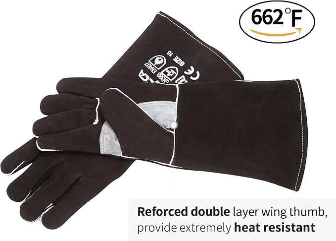 RAPICCA Welding Gloves 16IN Heat & Fire Resistant Leather for Stick MIG TIG Flux-Core Welder, Forge, Blacksmith, Fireplace, Wood Stove, Fire Pit, Furnace, Dry Ice Handling – Black – 662°F Protection