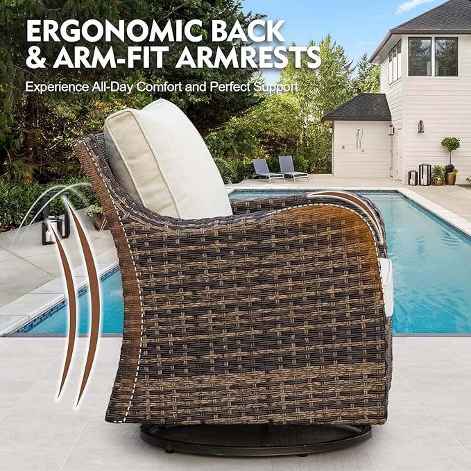 MEISSALIVVE 3 Pieces Patio Furniture Set with Swivel Chair, Outdoor Swivel Rocker with Washable Cushions & Tempered Glass Tabletop, Outdoor Rattan Conversation Set for Lawn Backyard Porch (Brown)