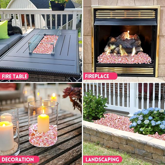 GasSaf 1/4 Inch Fire Glass Reflective Tempered Fireglass Cut Crushed FireGlass for Fire Pit, Fireplace, Replaces Existing Gas Logs & Lava Rocks (10 Pound)(Rose Gold)