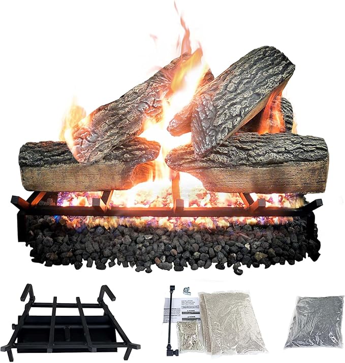 18" Premium Gas Logs - Match Light Kit Included - for Natural Gas Vented Fireplaces - Blazing Oak Design (Logs + Match Light Kit)