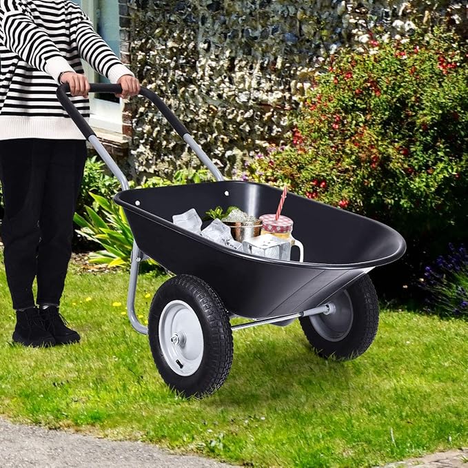 Goplus Dual Wheel Wheelbarrow, Heavy Duty Garden Cart, 330 lbs Capacity Utility Cart with Two 13 inches Pneumatic Tires for Outdoor Lawn Yard Farm Ranch Black